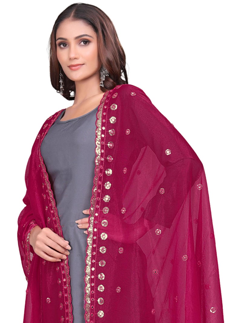 KEMZA Organza Embroidered Dupatta with Mirror & Sequence Work, Tassel Lace Border, Floral Butti Design (Pink, Free Size) - Image 2