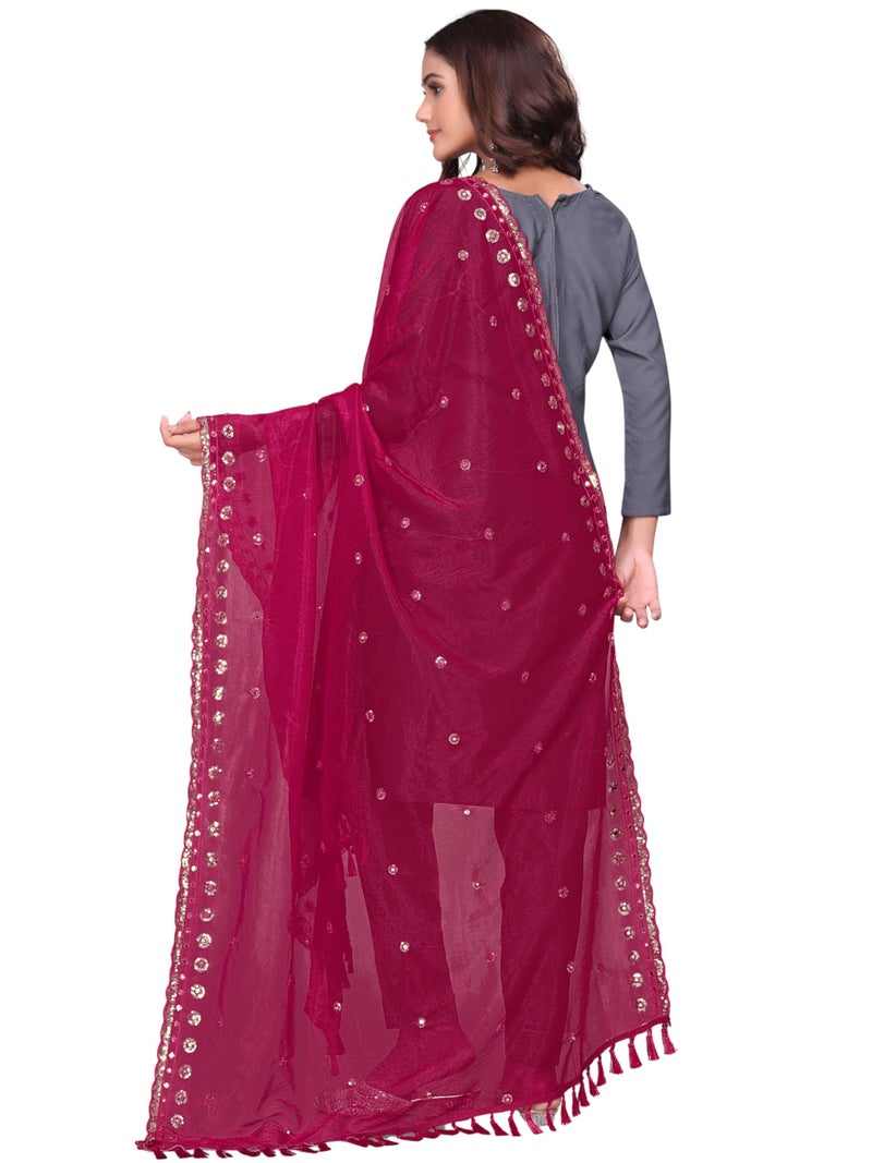 KEMZA Organza Embroidered Dupatta with Mirror & Sequence Work, Tassel Lace Border, Floral Butti Design (Pink, Free Size) - Image 4