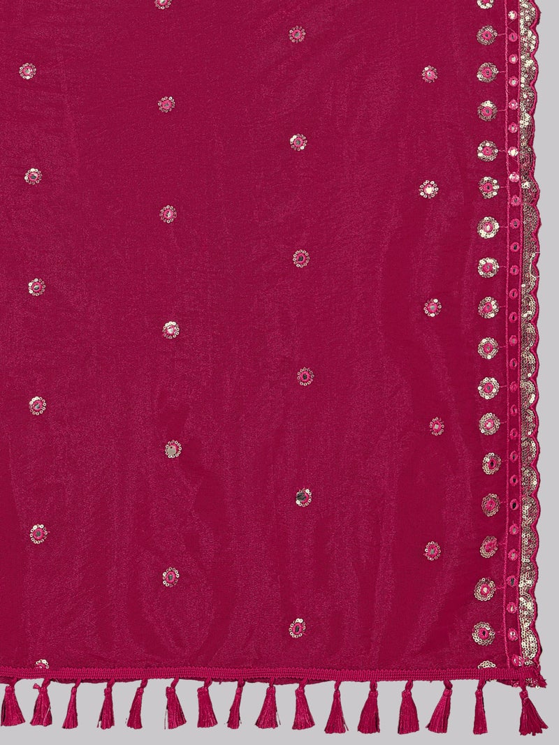 KEMZA Organza Embroidered Dupatta with Mirror & Sequence Work, Tassel Lace Border, Floral Butti Design (Pink, Free Size) - Image 5