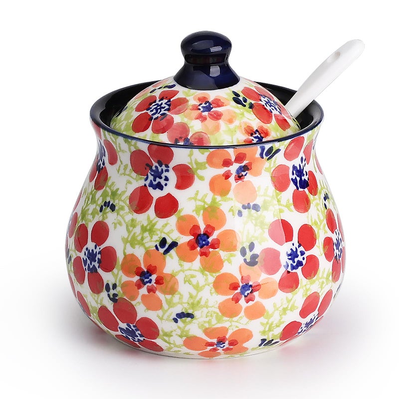 silesia Handmade Sugar Bowl with Lid and Spoon, 9 Ounce Ceramic Hand-Painted Sugar Jar for Home in Gift Box, Kitchen Decor, Oven, Dishwasher & Microwave Safe, Jungle Floral - Image 1