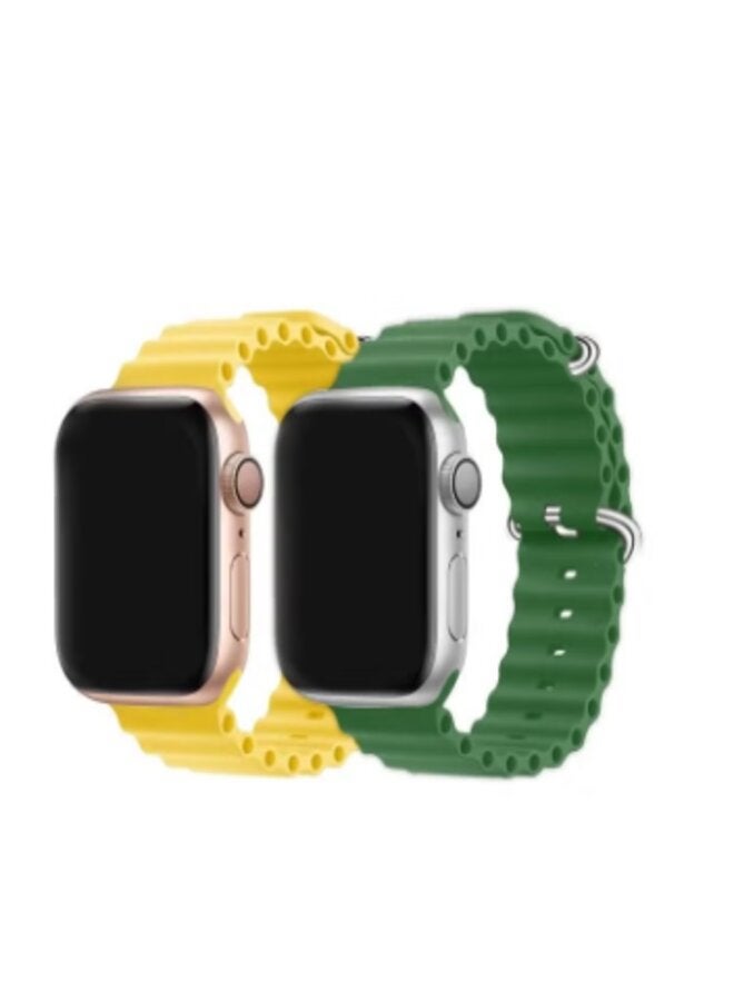 2Pack for Apple Watch Ocean Band 49mm 45mm 44mm 42mm Soft Silicone Loop Strap for iphone Watch Series For 1/2/3/4/5/6/SE/7/8 Ultra Green/Yellow - Image 1