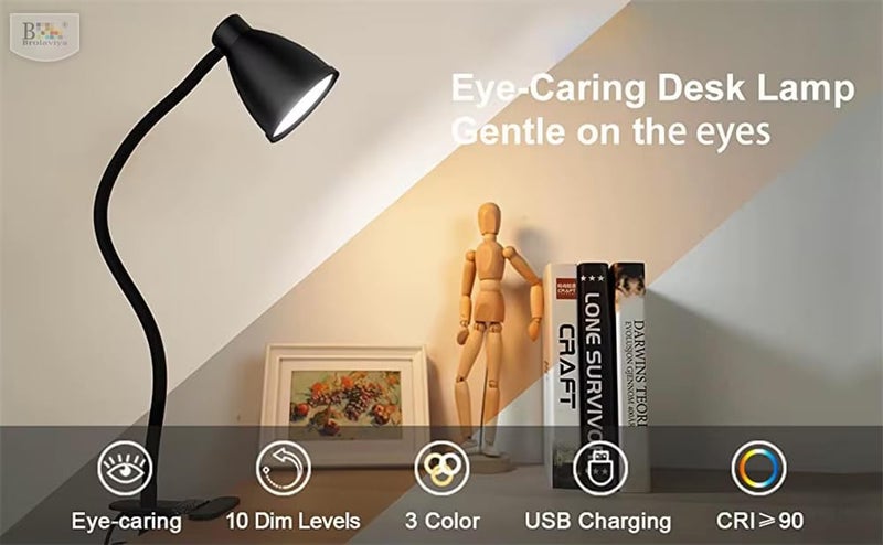 Brolaviya 10W LED Reading Desk light Lamp with USB Powered, 38 LEDs, Gooseneck Clip Metal body, 3 Color Temperature Modes, 10 Dimming Brightness, Eye-Caring, Bedside Light, Workshop, Study lamp, Black - Image 3