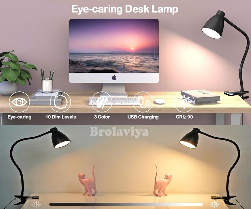 Brolaviya 10W LED Reading Desk light Lamp with USB Powered, 38 LEDs, Gooseneck Clip Metal body, 3 Color Temperature Modes, 10 Dimming Brightness, Eye-Caring, Bedside Light, Workshop, Study lamp, Black - Image 2