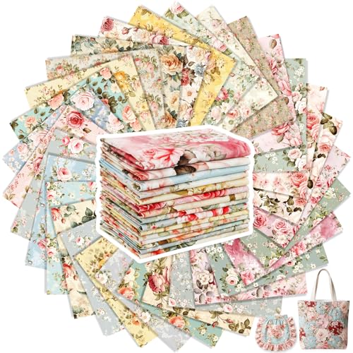 Tatuo 30 Pieces 10 x 10 Inches Rose Floral Cotton Fabric Bundle Squares Patchwork Floral Fabric Sewing Quilting Bundles Assorted Pattern Cloth for DIY Scrapbook Craft Making - Image 1