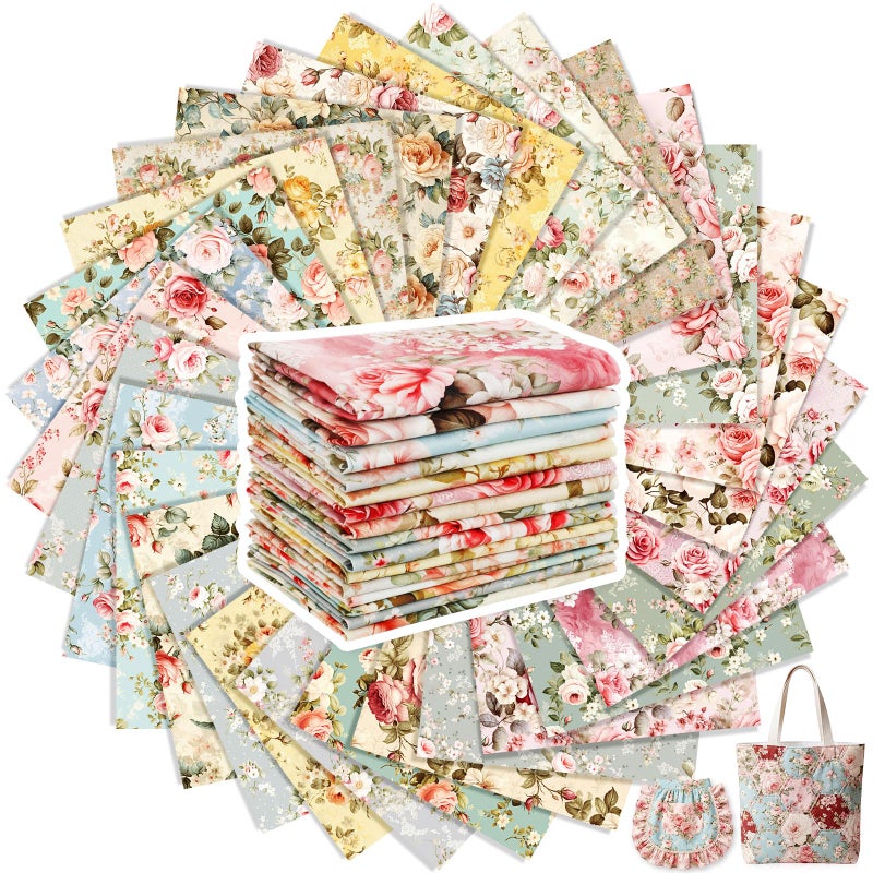 Tatuo 30 Pieces 10 x 10 Inches Rose Floral Cotton Fabric Bundle Squares Patchwork Floral Fabric Sewing Quilting Bundles Assorted Pattern Cloth for DIY Scrapbook Craft Making - Image 2