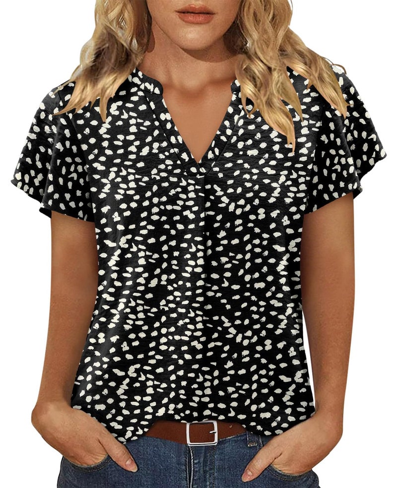 KISSMODA Summer Tops for Women 2026 Cute Short Sleeve Shirts Dressy Floral Print Teacher Outfits Lightweight Clothes V Neck Tunic Blackleopard S - Image 1