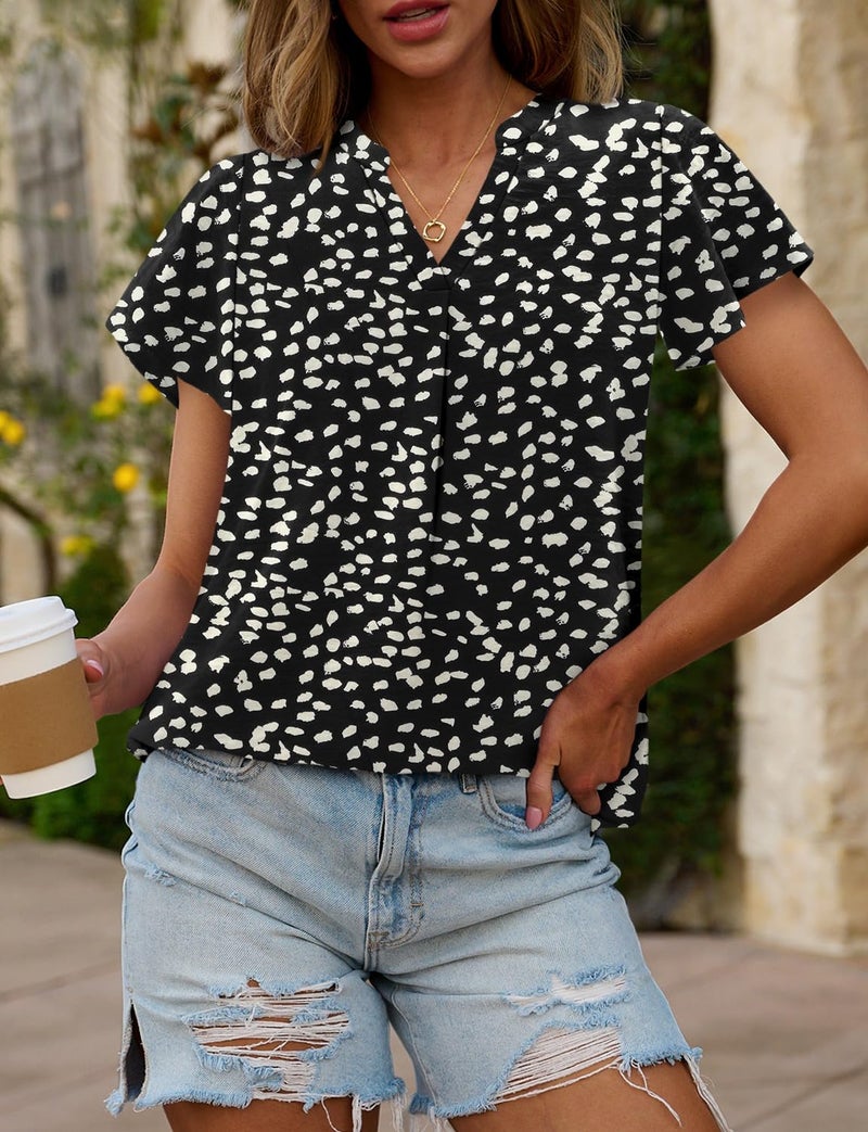 KISSMODA Summer Tops for Women 2026 Cute Short Sleeve Shirts Dressy Floral Print Teacher Outfits Lightweight Clothes V Neck Tunic Blackleopard S - Image 3