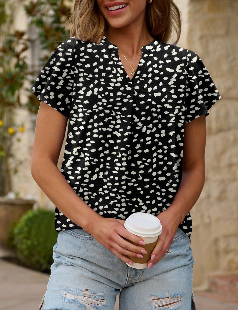 KISSMODA Summer Tops for Women 2026 Cute Short Sleeve Shirts Dressy Floral Print Teacher Outfits Lightweight Clothes V Neck Tunic Blackleopard S - Image 2