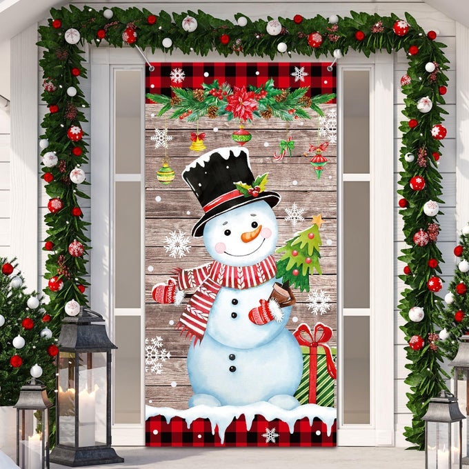 SNOWMAN WOOD GRAIN CHRISTMAS DOOR COVER 6 X 3 FEET POLYESTER INDOOR AND OUTDOOR UNISEX FOR PARTY WINTER OCCASION DECOR SUPPLIES