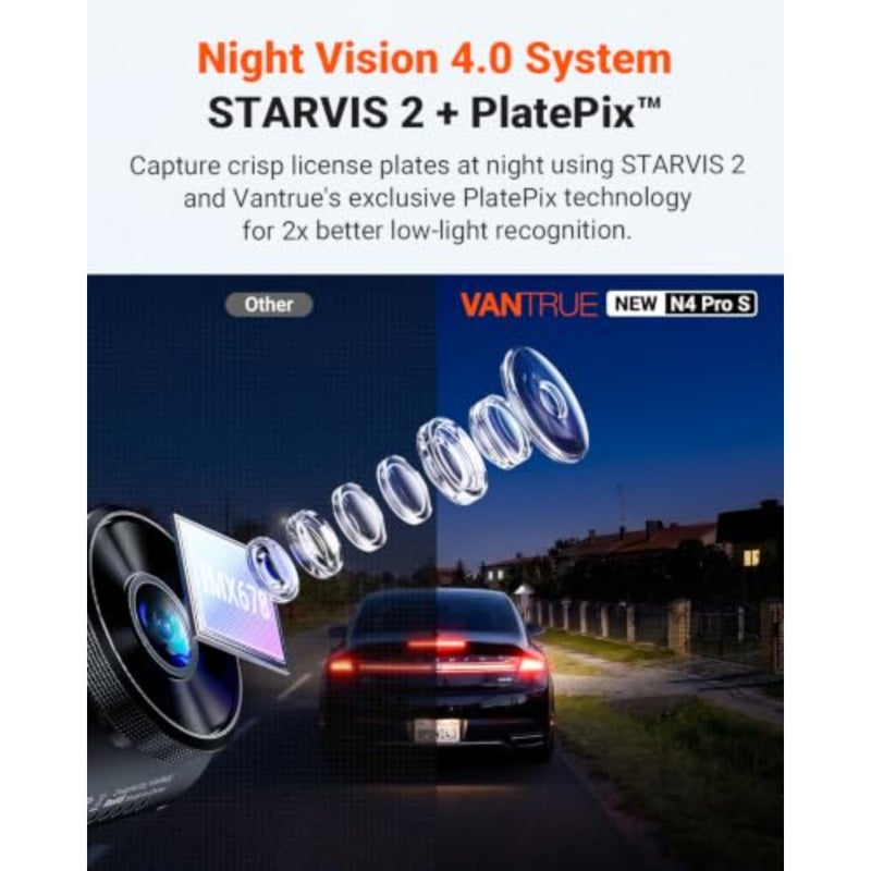 New N4 Pro S 4K 3 Channel Dash Cam, STARVIS 2 Triple Dash Cam for Cars, 4K+1080P+2.5K Front and Rear Interior, HDR IR Night Vision, Parking Mode with - Image 3
