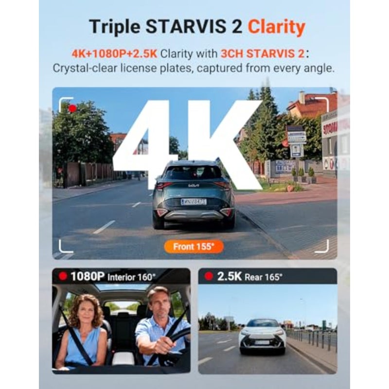 New N4 Pro S 4K 3 Channel Dash Cam, STARVIS 2 Triple Dash Cam for Cars, 4K+1080P+2.5K Front and Rear Interior, HDR IR Night Vision, Parking Mode with - Image 2
