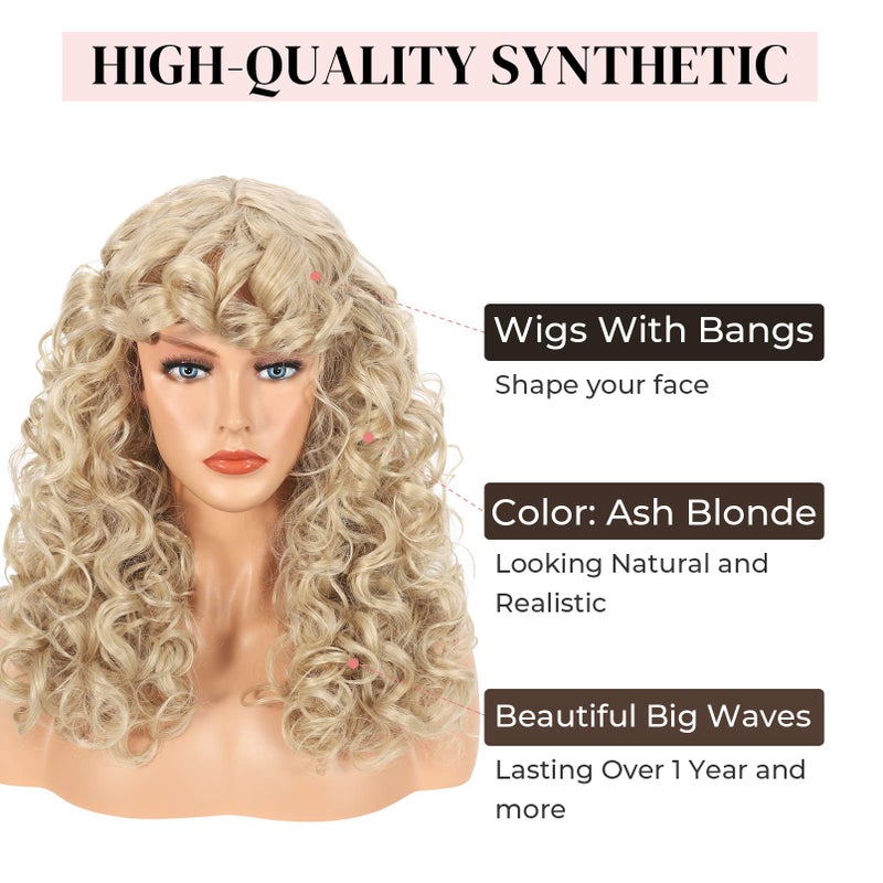 LONAI Curly Wig with Bangs for Women Long Ash Blonde Kinky Wigs with Bangs WIG006 Curly Shag Synthetic Wig for Daily Use Party Cosplay-Ash Blonde - Image 3