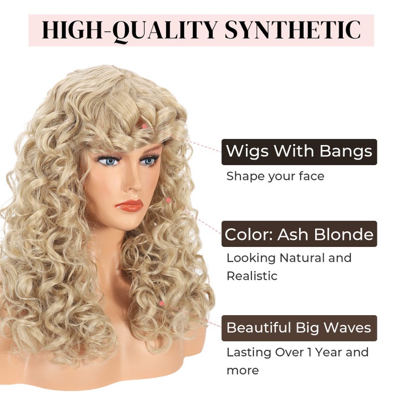 LONAI Curly Wig with Bangs for Women Long Ash Blonde Kinky Wigs with Bangs WIG006 Curly Shag Synthetic Wig for Daily Use Party Cosplay-Ash Blonde - Image 2