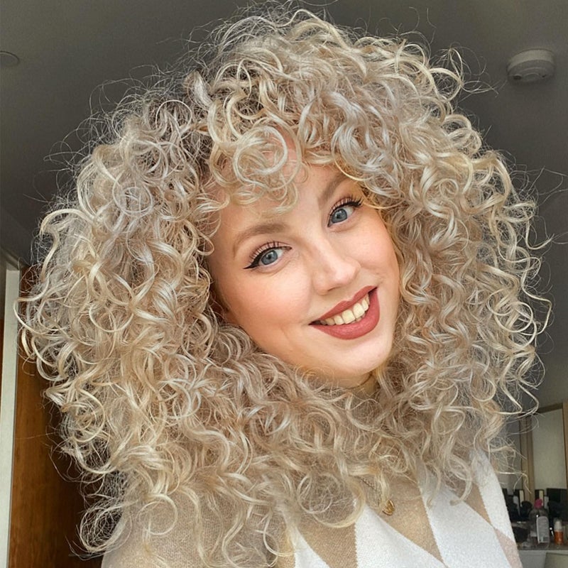 LONAI Curly Wig with Bangs for Women Long Ash Blonde Kinky Wigs with Bangs WIG006 Curly Shag Synthetic Wig for Daily Use Party Cosplay-Ash Blonde - Image 1