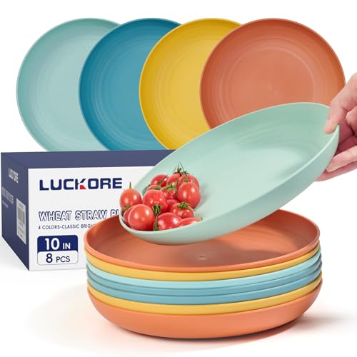 Luckore 10 inch Deep Dinner Plates Set of 8 Wheat Straw Plates, Unbreakable Dinner Dishes Alternative for Plastic Microwave and Dishwasher Safe for Kitchen with 4 Colors Classic Bright - Image 1