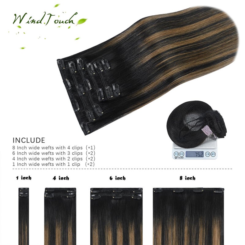 WindTouch Clip in Hair Extensions Remy Hair Natural Black to Chestnut Brown For Women 20Inch 75g Soft Human Hair 9A Grade #1BT6P1B 7PCS - Image 3
