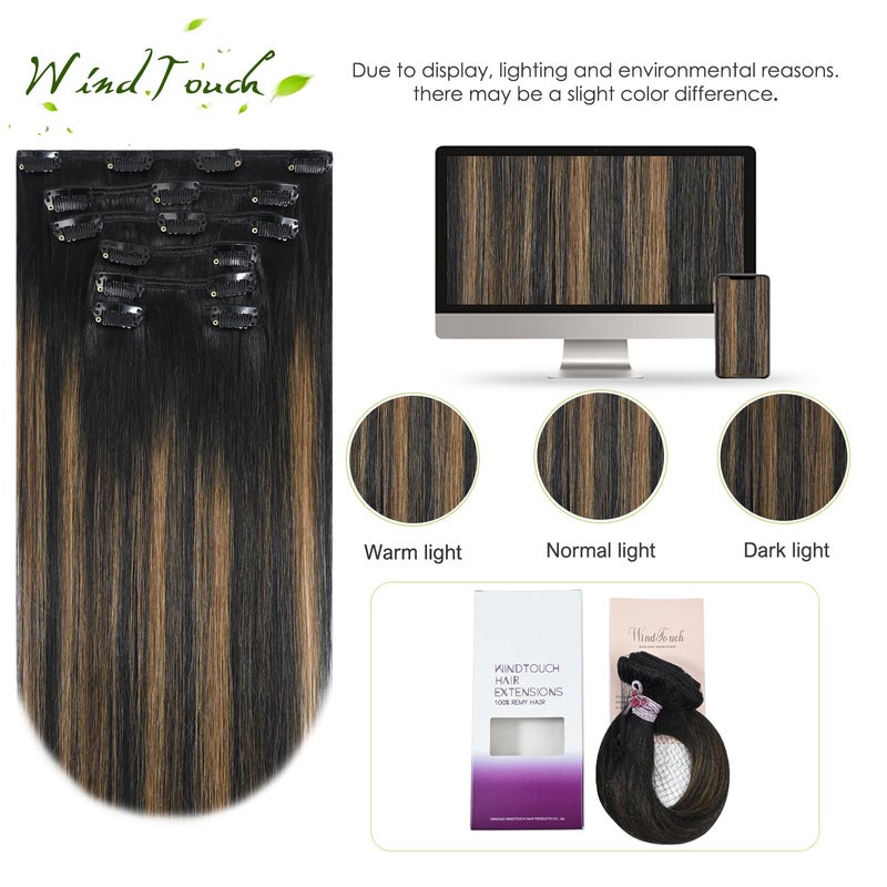 WindTouch Clip in Hair Extensions Remy Hair Natural Black to Chestnut Brown For Women 20Inch 75g Soft Human Hair 9A Grade #1BT6P1B 7PCS - Image 4