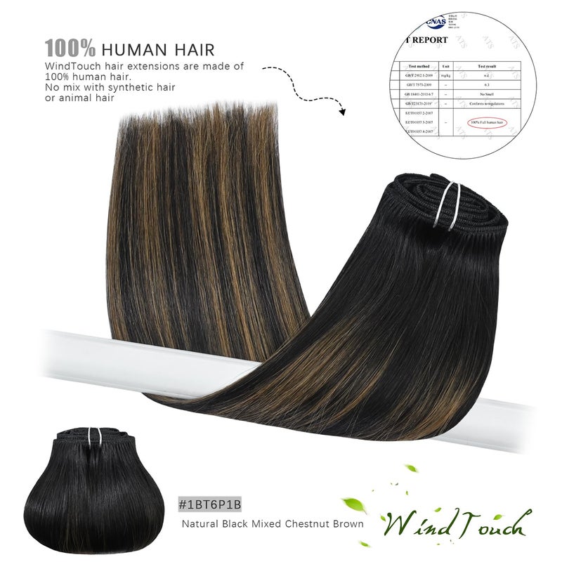 WindTouch Clip in Hair Extensions Remy Hair Natural Black to Chestnut Brown For Women 20Inch 75g Soft Human Hair 9A Grade #1BT6P1B 7PCS - Image 5