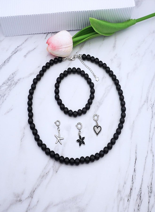 JSEA 8mm Faux Pearl Necklace Elastic Bracelet Jewelry Set Beige White Pink Fake Pearl Jewelry (Black) - Image 2