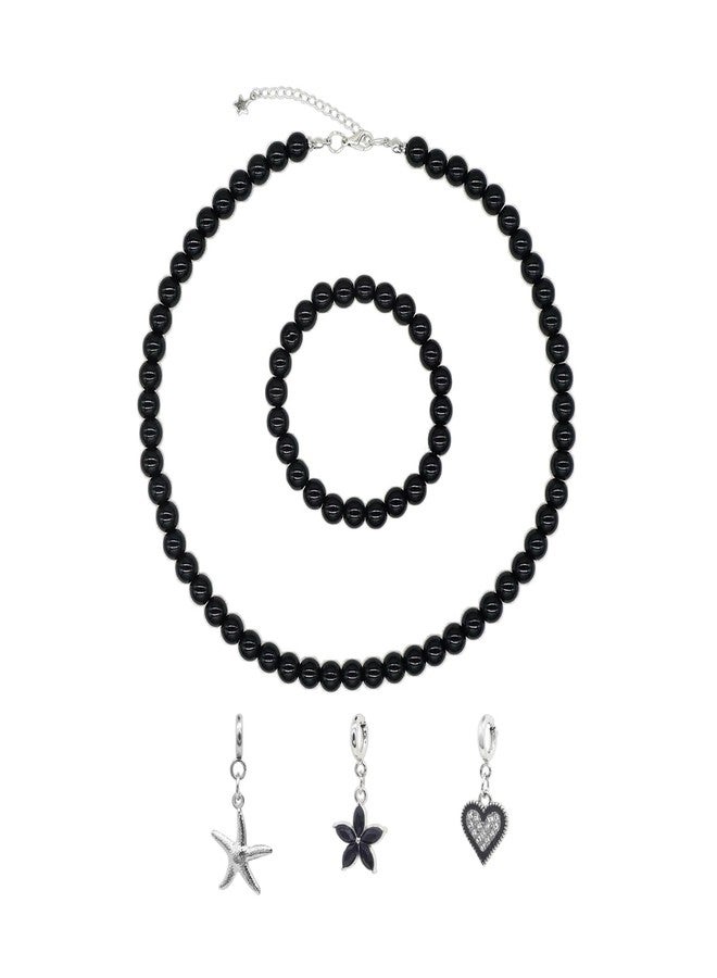 JSEA 8mm Faux Pearl Necklace Elastic Bracelet Jewelry Set Beige White Pink Fake Pearl Jewelry (Black) - Image 1