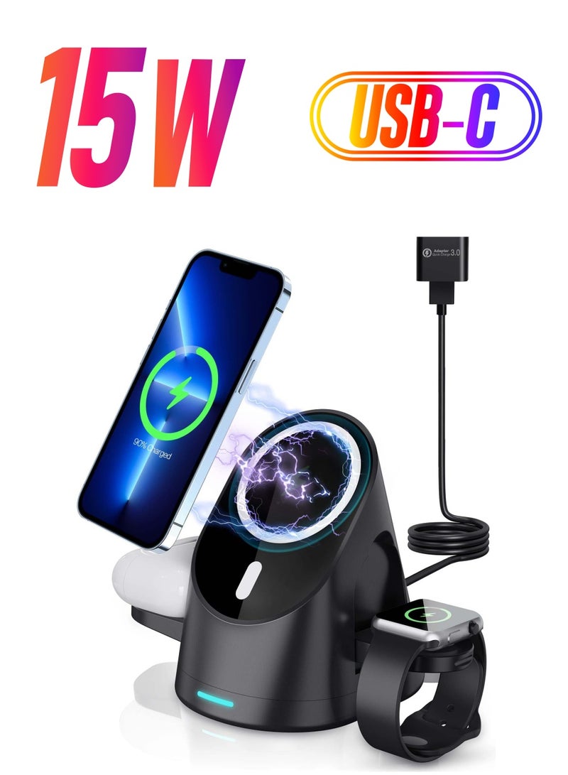 Excefore Magnetic Wireless Charger, 3 in 1 Foldable Wireless Charger Station, 15W Fast Charging Dock Stand for MagSafe iPhone 14/13/13 Pro/13 Pro Max/12 mini/12/12 Pro/iWatch 6/5/4/3/2/Airpods 2/Pro - Image 1
