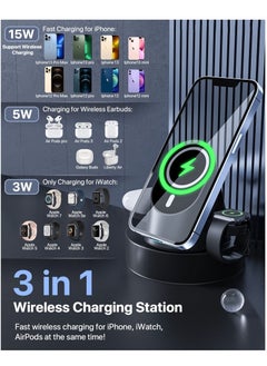 Excefore Magnetic Wireless Charger, 3 in 1 Foldable Wireless Charger Station, 15W Fast Charging Dock Stand for MagSafe iPhone 14/13/13 Pro/13 Pro Max/12 mini/12/12 Pro/iWatch 6/5/4/3/2/Airpods 2/Pro  - Image 2