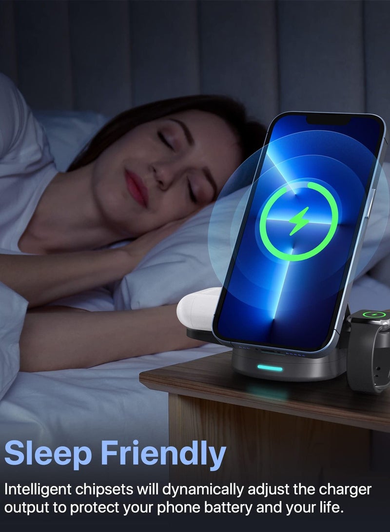 Excefore Magnetic Wireless Charger, 3 in 1 Foldable Wireless Charger Station, 15W Fast Charging Dock Stand for MagSafe iPhone 14/13/13 Pro/13 Pro Max/12 mini/12/12 Pro/iWatch 6/5/4/3/2/Airpods 2/Pro  - Image 3