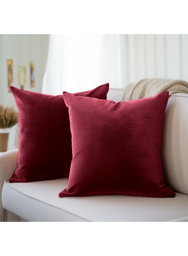عبوة من غطاءي وسادة مخمليين مربعين، مقاس 45 × 45 سم، ناعمة وسميكة، مناسبة لغرفة النوم وغرفة المعيشة (أحمر داكن). - Image 1