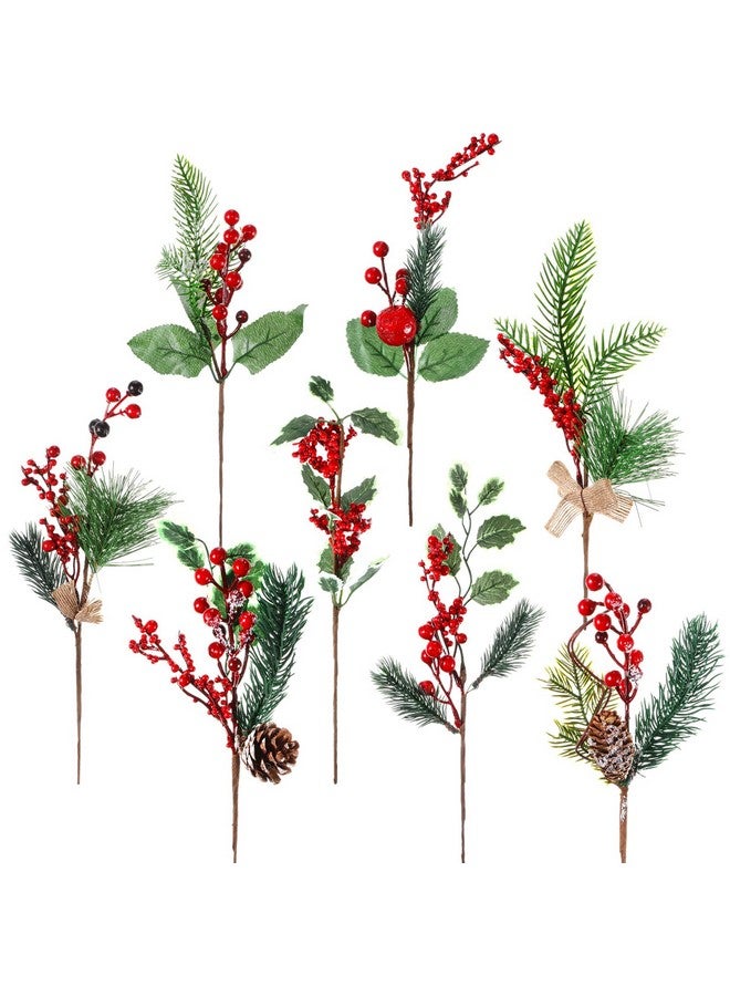 WILLBOND WILLBOND 24 Pcs 12 Inch Large Artificial Christmas Tree Picks 8 Styles Red Berry Pine Picks Assorted Spray Berry Branches Holly Pine Stems with Pinecones for Xmas Crafts Festive Home  - Image 2