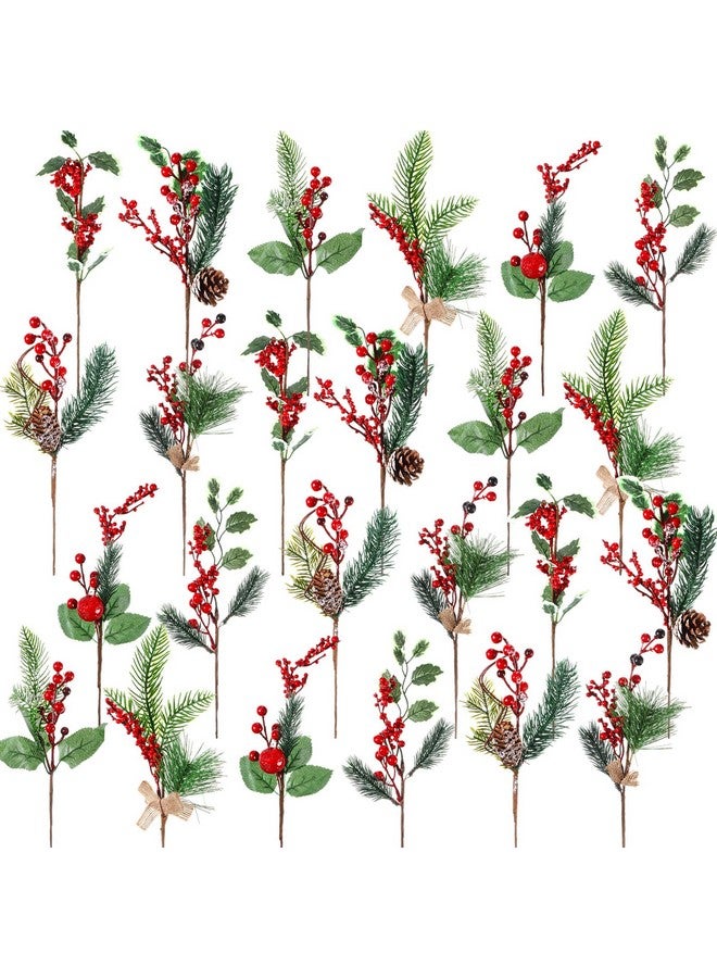 WILLBOND WILLBOND 24 Pcs 12 Inch Large Artificial Christmas Tree Picks 8 Styles Red Berry Pine Picks Assorted Spray Berry Branches Holly Pine Stems with Pinecones for Xmas Crafts Festive Home  - Image 1