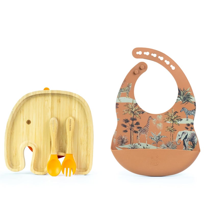 StarKiddo ® Jumbo Bamboo Suction Plates for Baby and Toddler | Weaning Spoon & Fork | Non-Toxic | Super Strong Suction | Cool to The Touch | Ideal for Baby-Led Weaning (Orange, Brown) - Image 1