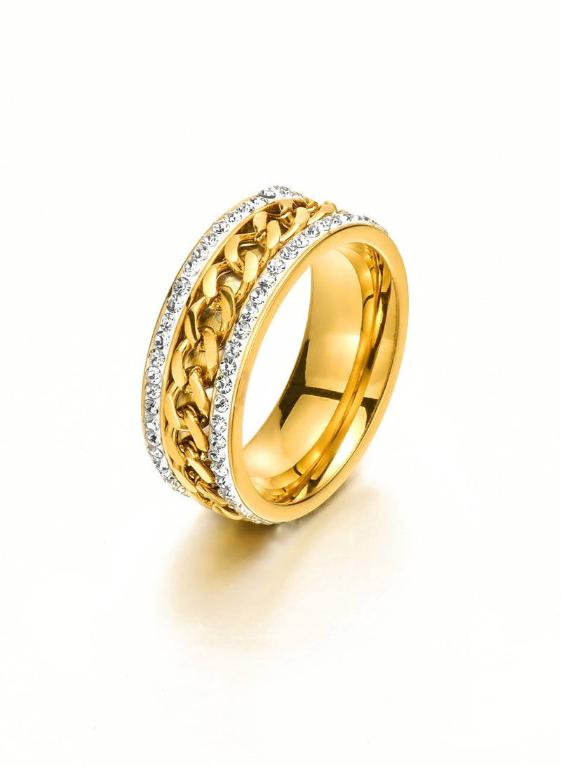 روماد خاتم من الفولاذ المقاوم للصدأ بسلسلة دوارة ومرصع بزركونيا مكعبة، مطلي بالذهب عيار 18، تصميم مميز يناسب الجنسين وخاص للخنصر. - Image 1