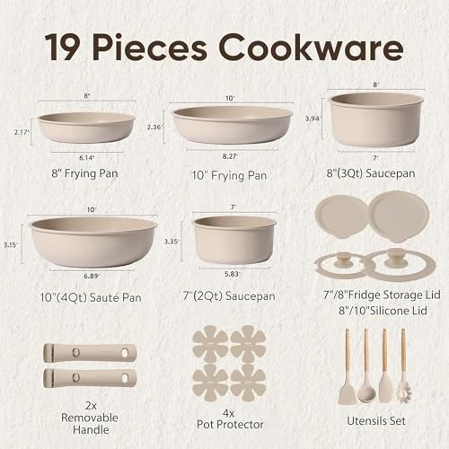 CAROTE 19pcs Pots and Pans Set Non Stick Nonstick Cookware Set Detachable Handle Induction Kitchen Cooking Sets with Removable Handle RV Kitchen Oven Safe Taupe - Image 3