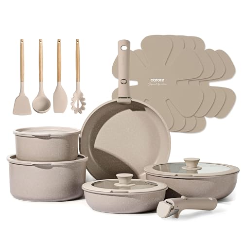CAROTE 19pcs Pots and Pans Set Non Stick Nonstick Cookware Set Detachable Handle Induction Kitchen Cooking Sets with Removable Handle RV Kitchen Oven Safe Taupe - Image 1