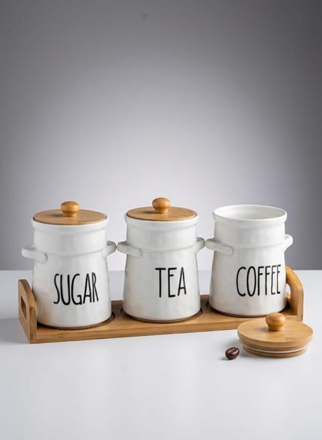 Kitchen Canister Set, 500ml High Quality Porcelain Tea Sugar Coffee Set, with Waterproof Bamboo Wood Tray, White