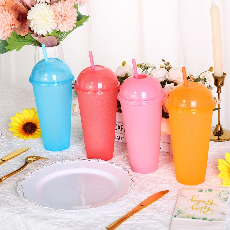 Hsei Reusable Glitter Tumbler Cups with Dome Lids and Straws 24 oz Plastic Tumbler Iced Coffee Cup Mug for Travel Birthdays Party Supplies(Bright Color,24 Pack) - Image 4