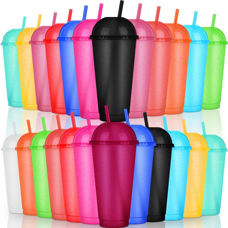Hsei Reusable Glitter Tumbler Cups with Dome Lids and Straws 24 oz Plastic Tumbler Iced Coffee Cup Mug for Travel Birthdays Party Supplies(Bright Color,24 Pack) - Image 1