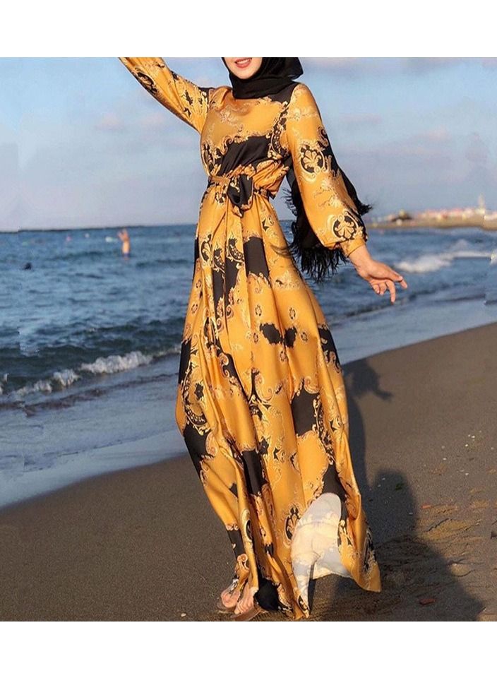 KUYING New Women's Printed Lace Up Fashion Slim Fit Dress 
