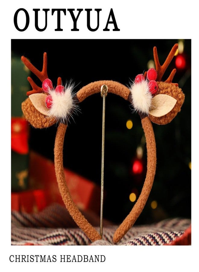Outyua Reindeer Antlers Headband Christmas Headbands Elk Ears Headwear Deer Antlers Headband for Women Holiday Hair Band (Brown) - Image 5
