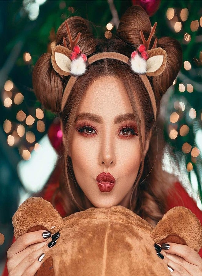 Outyua Reindeer Antlers Headband Christmas Headbands Elk Ears Headwear Deer Antlers Headband for Women Holiday Hair Band (Brown) - Image 2