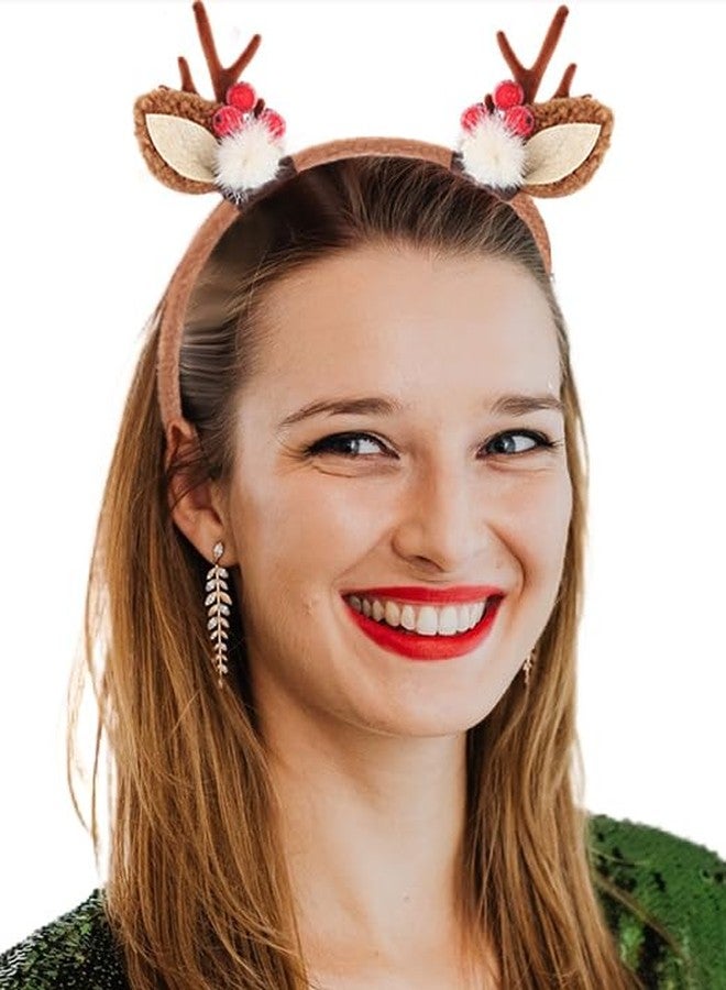 Outyua Reindeer Antlers Headband Christmas Headbands Elk Ears Headwear Deer Antlers Headband for Women Holiday Hair Band (Brown) - Image 1