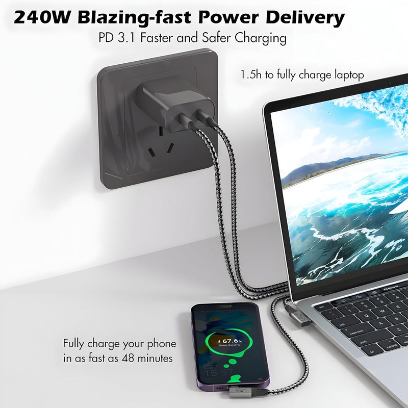 سيزمي ⌁ 80Gbps 240W Right Angle USB C Cable | TBT 5 | 240W Super Charging EPR PD 3.1 | USB4 Gen4 v2.0| 16K@60Hz | Compatible with iPhone, Samsung and More |90° USB-C 1m, Braided + Hook-and-Loop Strap - Image 5