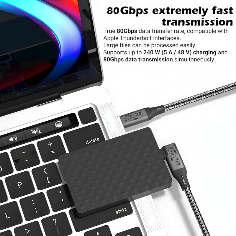 سيزمي ⌁ 80Gbps 240W Right Angle USB C Cable | TBT 5 | 240W Super Charging EPR PD 3.1 | USB4 Gen4 v2.0| 16K@60Hz | Compatible with iPhone, Samsung and More |90° USB-C 1m, Braided + Hook-and-Loop Strap - Image 4