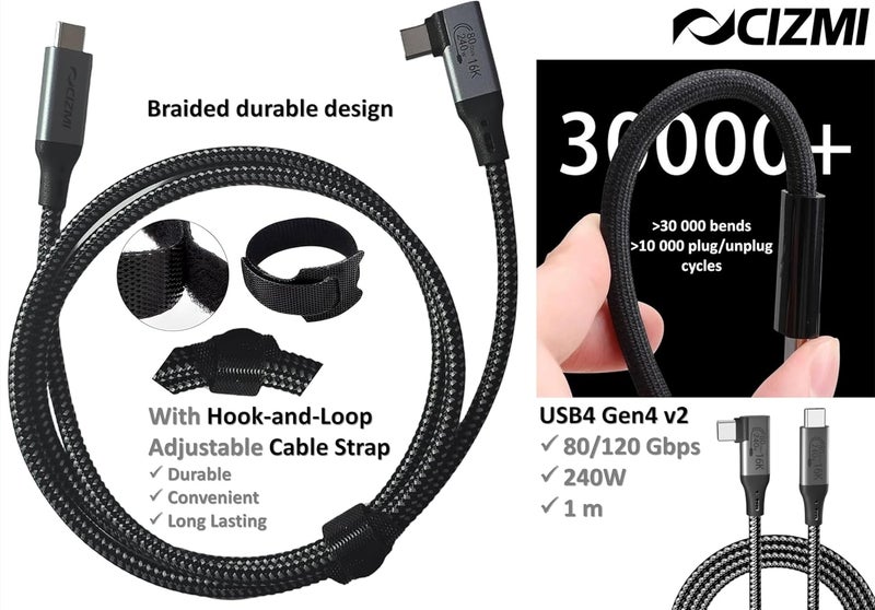سيزمي ⌁ 80Gbps 240W Right Angle USB C Cable | TBT 5 | 240W Super Charging EPR PD 3.1 | USB4 Gen4 v2.0| 16K@60Hz | Compatible with iPhone, Samsung and More |90° USB-C 1m, Braided + Hook-and-Loop Strap - Image 2