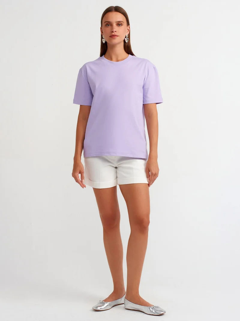 Dilvin 30312 Decorative Stitched Crew Neck T-shirt-Lilac