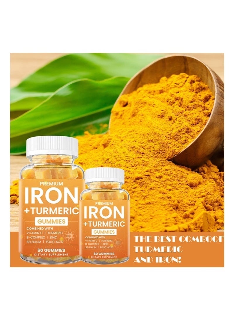 Premium Iron Gummies + Turmeric 500mg for Women Men, Iron Supplement with Multivitamins C, A, B-Complex, Folate, Zinc for Iron Deficiency, Anemia and Energy, Gentle, Non-Constipating, Chewable, Vegan - Image 4