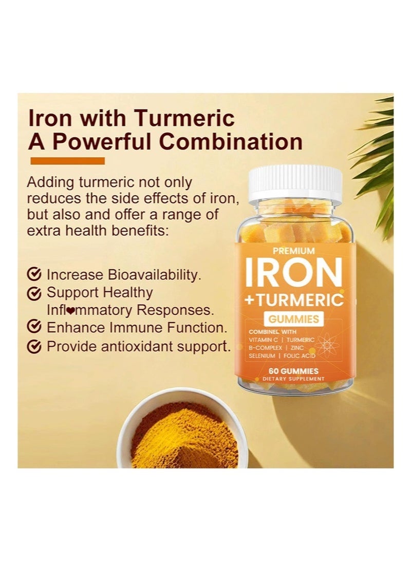 Premium Iron Gummies + Turmeric 500mg for Women Men, Iron Supplement with Multivitamins C, A, B-Complex, Folate, Zinc for Iron Deficiency, Anemia and Energy, Gentle, Non-Constipating, Chewable, Vegan - Image 3