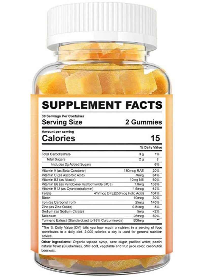 Premium Iron Gummies + Turmeric 500mg for Women Men, Iron Supplement with Multivitamins C, A, B-Complex, Folate, Zinc for Iron Deficiency, Anemia and Energy, Gentle, Non-Constipating, Chewable, Vegan - Image 2