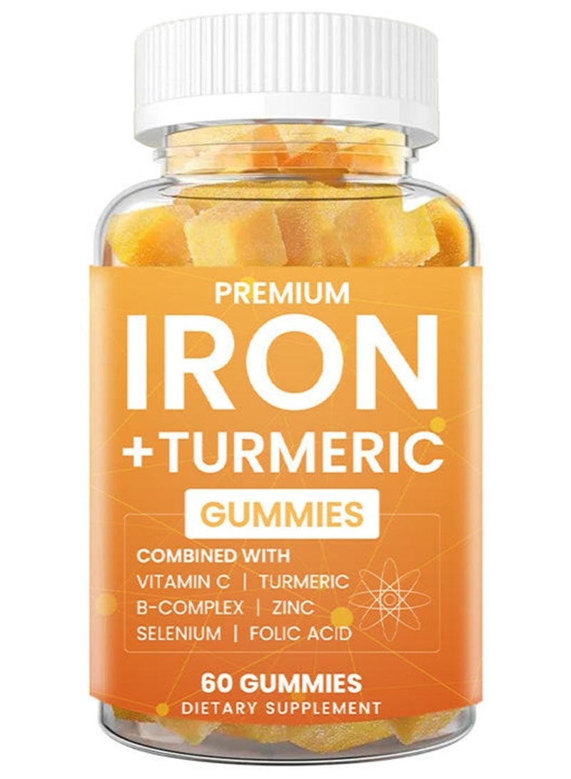 Premium Iron Gummies + Turmeric 500mg for Women Men, Iron Supplement with Multivitamins C, A, B-Complex, Folate, Zinc for Iron Deficiency, Anemia and Energy, Gentle, Non-Constipating, Chewable, Vegan - Image 1