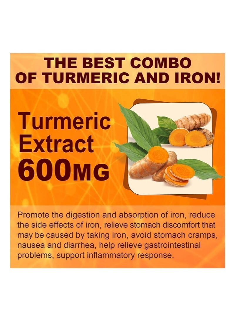 Premium Iron Gummies + Turmeric 500mg for Women Men, Iron Supplement with Multivitamins C, A, B-Complex, Folate, Zinc for Iron Deficiency, Anemia and Energy, Gentle, Non-Constipating, Chewable, Vegan - Image 5